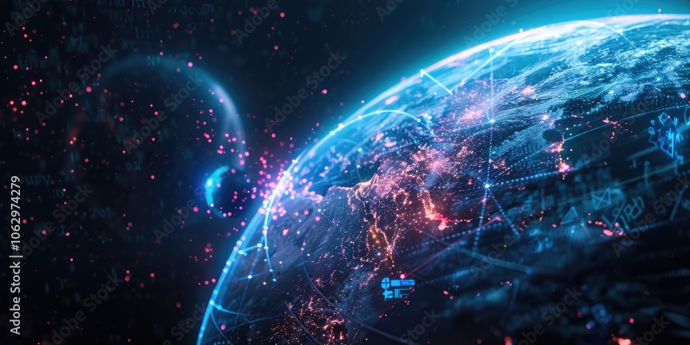 Computer generated image of a planet with a bright blue and red swirl. The planet is surrounded by a network of lines and dots, giving the impression of a complex and interconnected system Computer generated image of a planet with a bright blue and red swirl. The planet is surrounded by a network of lines and dots, giving the impression of a complex and interconnected system