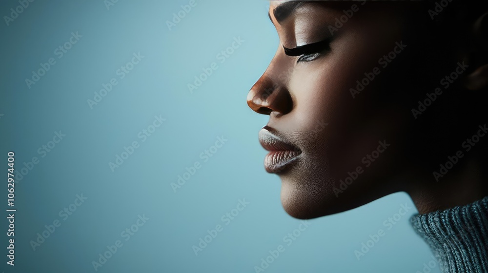 Profile view of a woman against a soft blue background. Profile view of a woman against a soft blue background.