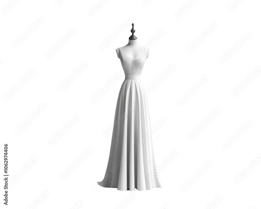 White dress with a long train is displayed on a white background. isolate transparent background White dress with a long train is displayed on a white background. isolate transparent background