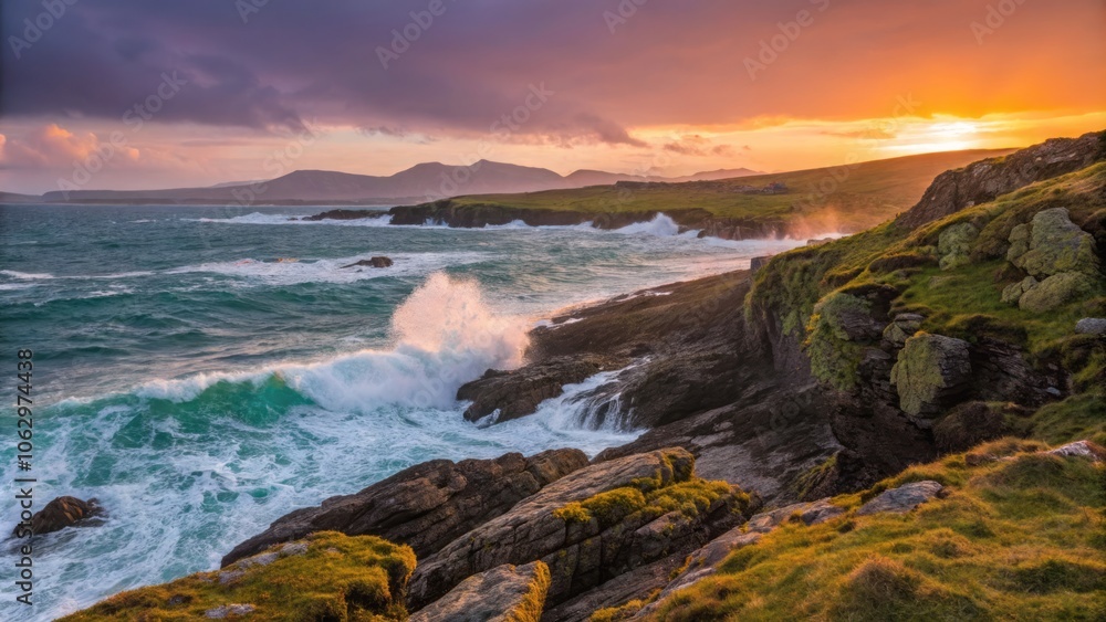 Obraz premium Stunning Vibrant Sunset Over Rugged Cliffs with Turquoise Waves Crashing in Scenic Coastal Landscape