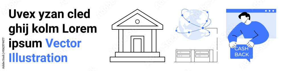Bank building outline, abstract globe with nodes, person receiving cash back. Ideal for fintech, banking, technology solutions, educational materials, business presentations, infographics Bank building outline, abstract globe with nodes, person receiving cash back. Ideal for fintech, banking, technology solutions, educational materials, business presentations, infographics