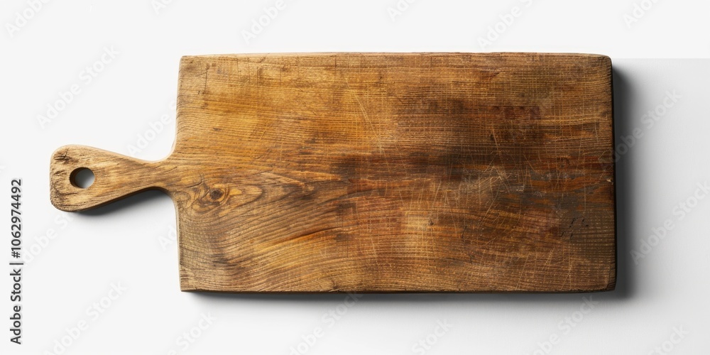 Wooden board with a handle on the end. The board is old and worn, with a grainy texture Wooden board with a handle on the end. The board is old and worn, with a grainy texture
