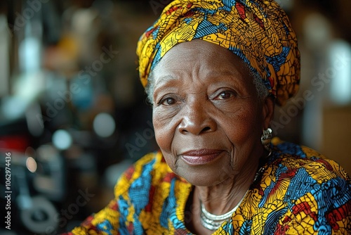 Elderly woman in colorful traditional attire with thoughtful expression