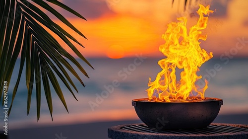 Fototapeta Naklejka Na Ścianę i Meble -  Fire flames in a bowl during sunset by the beach with palm leaves around.