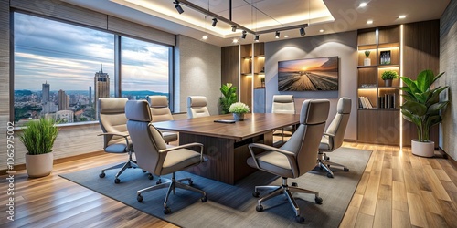 Professional Interview Setup with Stylish Chairs, Soft Lighting, and a Modern Backdrop for Video Conferencing and Virtual Interviews