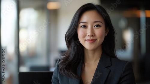 Woman in a black suit is smiling for the camera. She has long hair and is wearing a black jacket