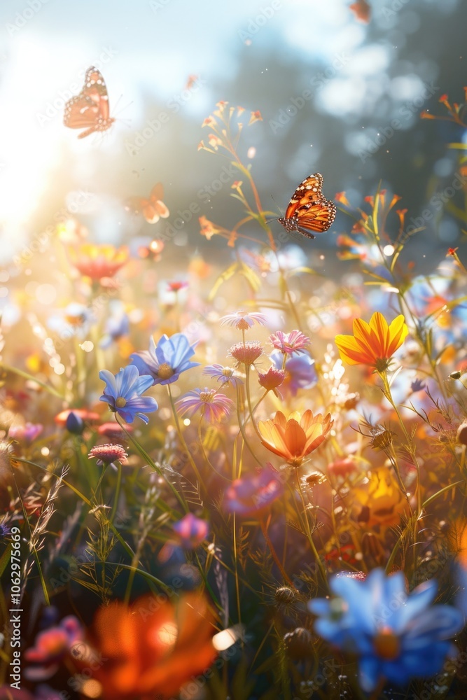 Field of flowers with two butterflies flying in the air. The butterflies are orange and blue. The flowers are in full bloom and the sun is shining brightly. The scene is peaceful and serene Field of flowers with two butterflies flying in the air. The butterflies are orange and blue. The flowers are in full bloom and the sun is shining brightly. The scene is peaceful and serene