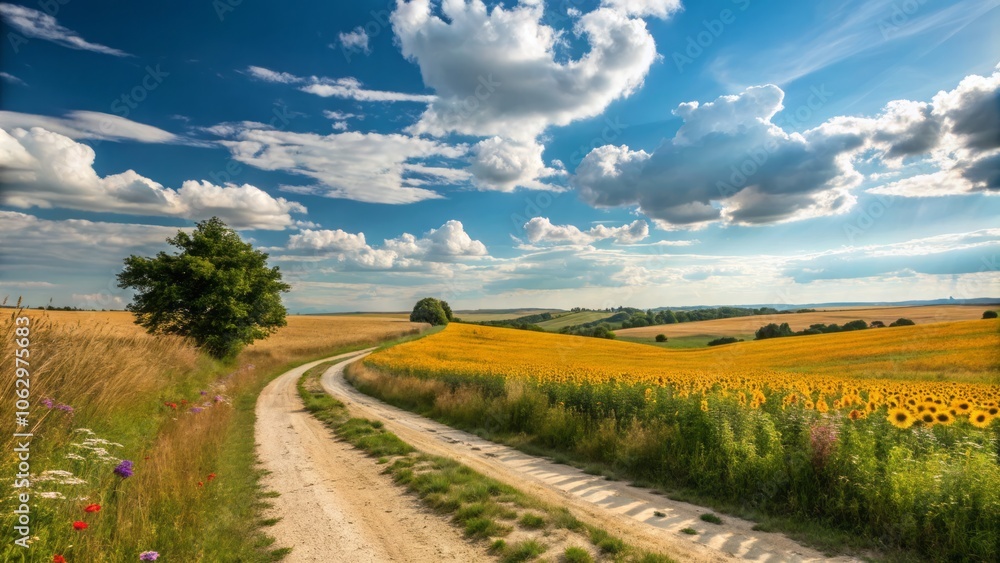 Naklejka premium Vibrant Summer Landscape with a Golden Field of Sunflowers Under a Clear Blue Sky in Rural Setting