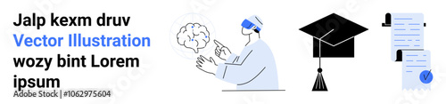 Virtual reality scientist and brain, graduation cap, diploma with seal. Ideal for educational technology, graduation, academic research, e-learning, virtual learning tools, university programs