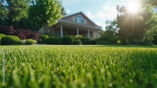 Wallpaper Mural House with a porch and a lawn. The lawn is green and well-maintained Torontodigital.ca