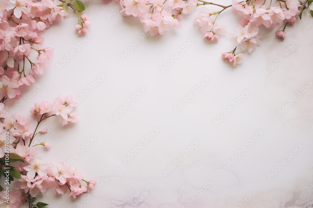 Delicate Cherry Blossom Frame on Marble Background with Blank Space for Text Delicate Cherry Blossom Frame on Marble Background with Blank Space for Text