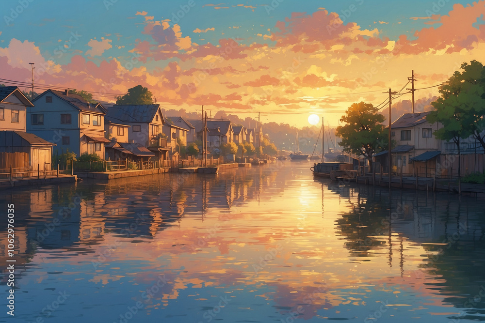 Naklejka premium Anime style, crowded riverside neighborhood, foggy golden sky reflecting on water, peaceful and serene vibe