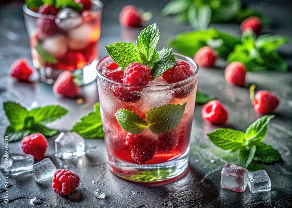 Refreshing Summer Cocktail with Raspberries and Mint Over Ice in a Clear Glass for Celebrations Refreshing Summer Cocktail with Raspberries and Mint Over Ice in a Clear Glass for Celebrations