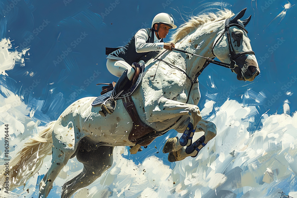 Naklejka premium Dynamic Equestrian Jump: A Rider on a Majestic White Horse Leaping Through a Vibrant Blue Sky with Fluffy Clouds in an Exciting Show Jumping Competition.