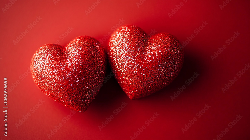 Two sparkling red hearts on a vibrant red background for Valentine's Day decoration Two sparkling red hearts on a vibrant red background for Valentine's Day decoration