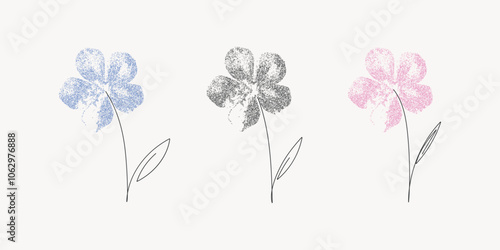 Grain flowers set in trendy stippling texture, halftone, retro photocopy effect, y2k style. Chamomile, wildflowers, florals for posters. Sand noise shapes background. Vintage isolated vector illustrat