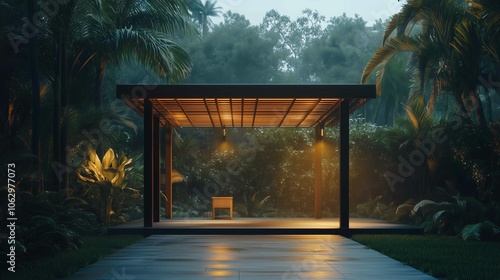 Bamboo grove pergola offering a minimalist retreat with Asian furnishings.
 photo