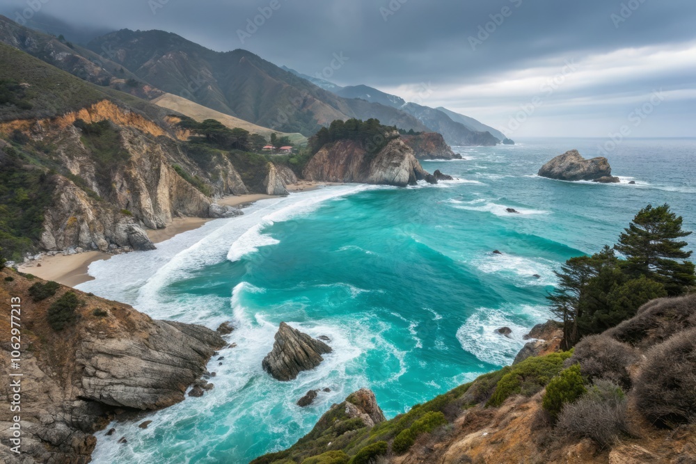 Fototapeta premium Breathtaking Panoramic View of Majestic Granite Cliffs Overlooking Turquoise Ocean Waters