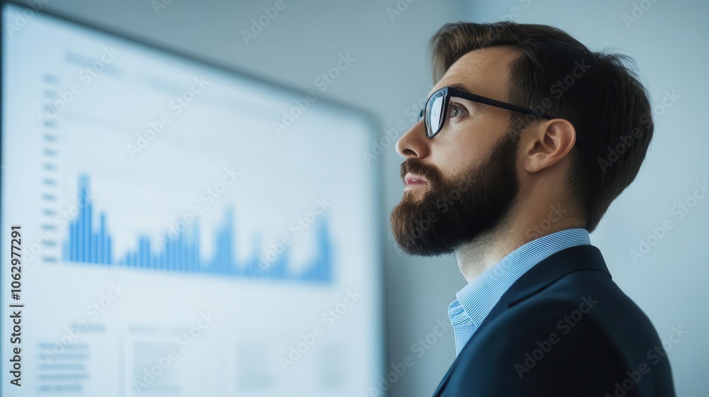 Fototapeta premium A professional man analyzes data on a screen, showcasing a focused expression while surrounded by graphs and charts.