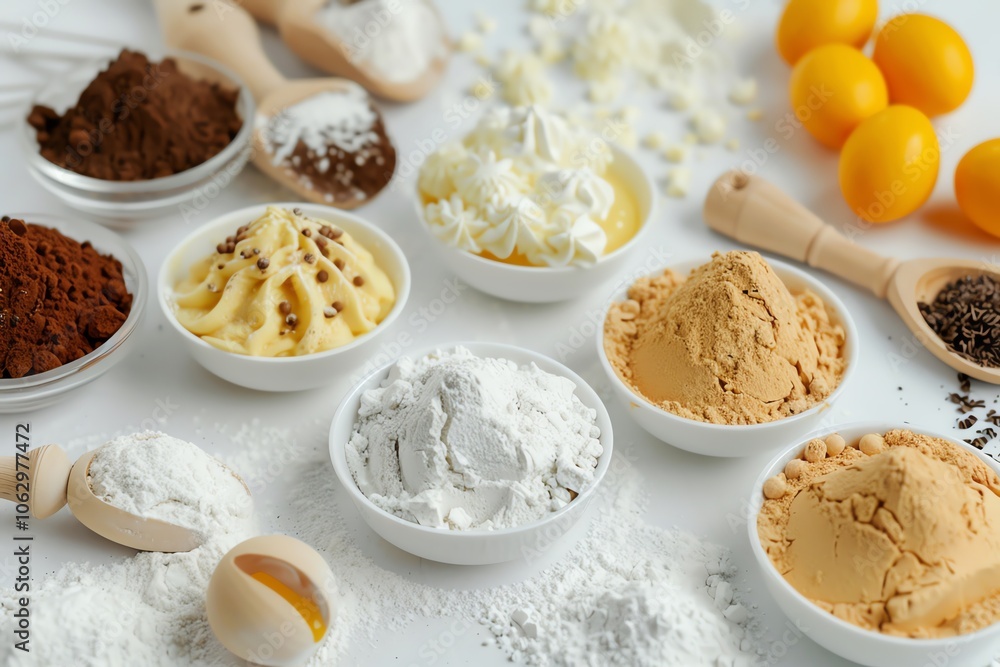 An assortment of baking ingredients including flour, cocoa powder, butter, eggs, and spices arranged on a clean white surface. An assortment of baking ingredients including flour, cocoa powder, butter, eggs, and spices arranged on a clean white surface.