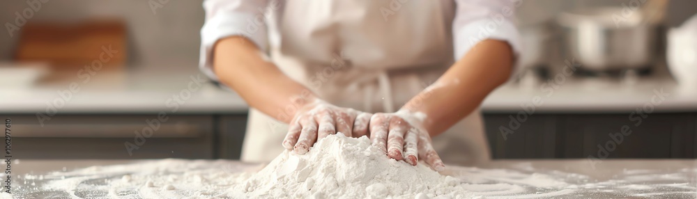 Close-up of a person kneading dough on a floured surface, wearing an apron in a modern kitchen setting. Close-up of a person kneading dough on a floured surface, wearing an apron in a modern kitchen setting.