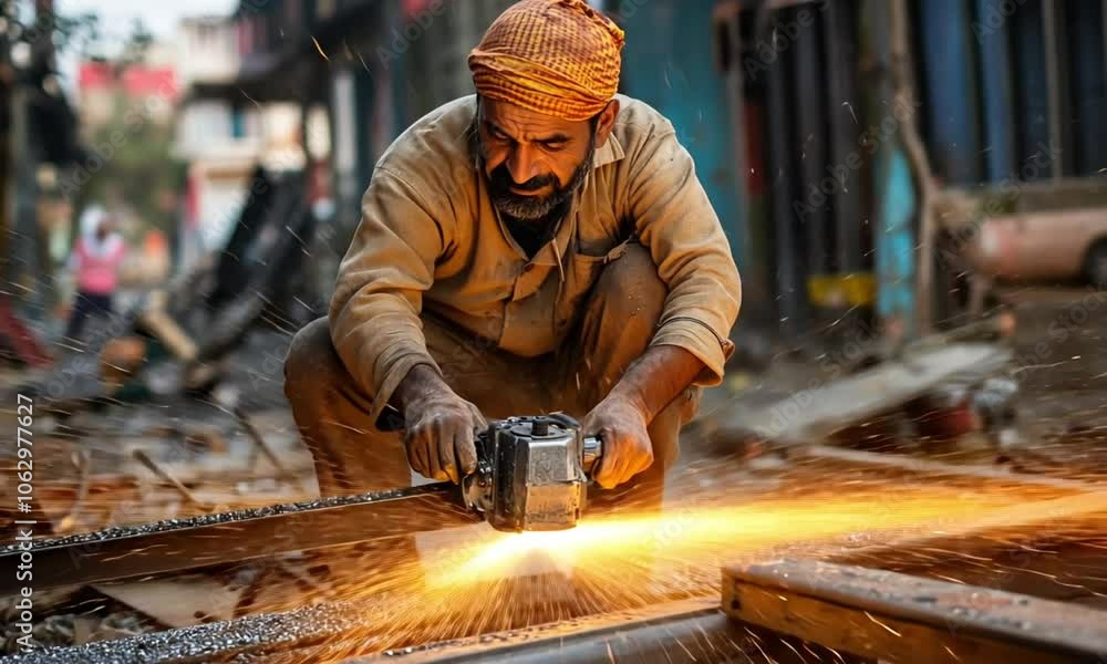 Skilled Worker Using Angle Grinder on Metal at Construction Site Skilled Worker Using Angle Grinder on Metal at Construction Site