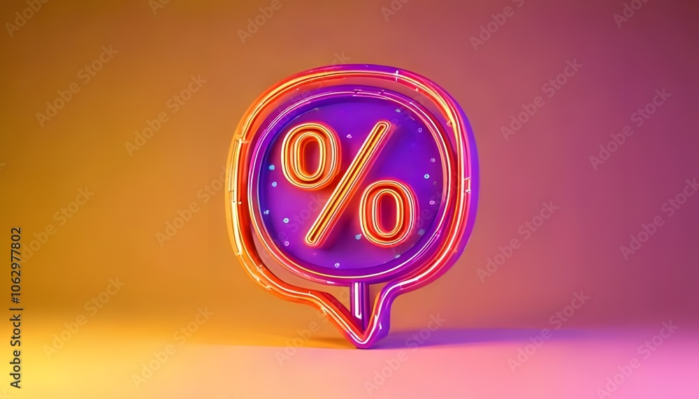Fototapeta premium A vibrant percentage symbol inside a chat bubble, illuminated with colorful lighting against a gradient background.