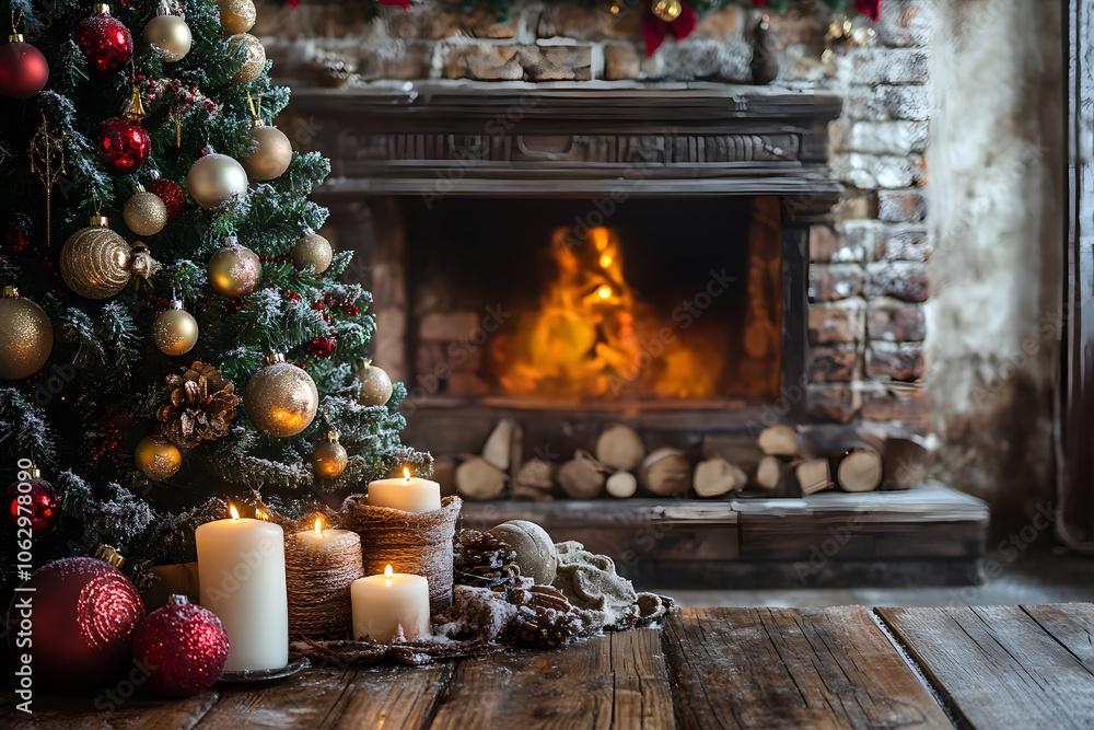 Cozy living room with a decorated Christmas tree and warm fireplace glow. Generative AI. Cozy living room with a decorated Christmas tree and warm fireplace glow. Generative AI.