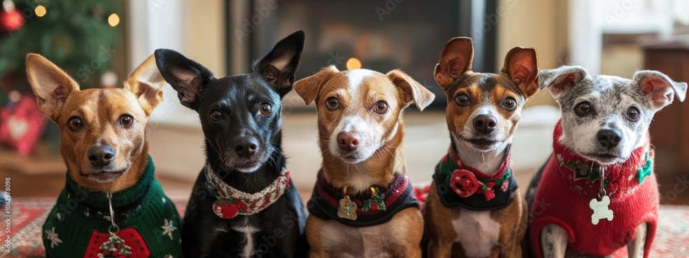 Obraz premium Adorable Dogs Celebrate Christmas in Festive Sweaters and Santa Hats. Five cute small dogs dressed in Christmas sweaters and Santa hats sit in front of a brightly lit Christmas tree