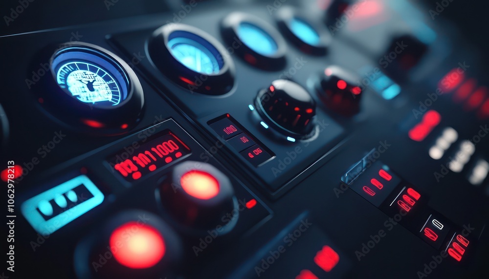 Three-dimensional visualization of a control panel icon with switches and displays. Three-dimensional visualization of a control panel icon with switches and displays.
