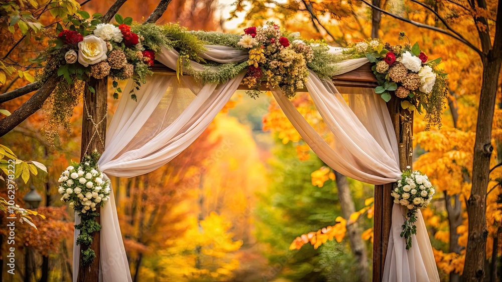 Rustic Wedding Arch with Delicate Flowers and Draping Fabric in Autumn Foliage Rustic Wedding Arch with Delicate Flowers and Draping Fabric in Autumn Foliage