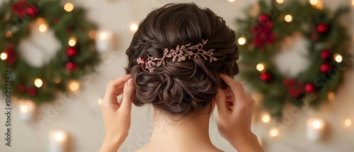 Woman adjusting her hair with festive holiday decorations in the background, showcasing an elegant hairstyle adorned with a floral accessory. photo