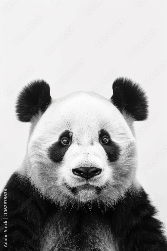 Naklejka premium Majestic Black and White Panda Portrait: Close-Up of a Cute Giant Pandas Face with Expressive Eyes Against a Minimalist Background