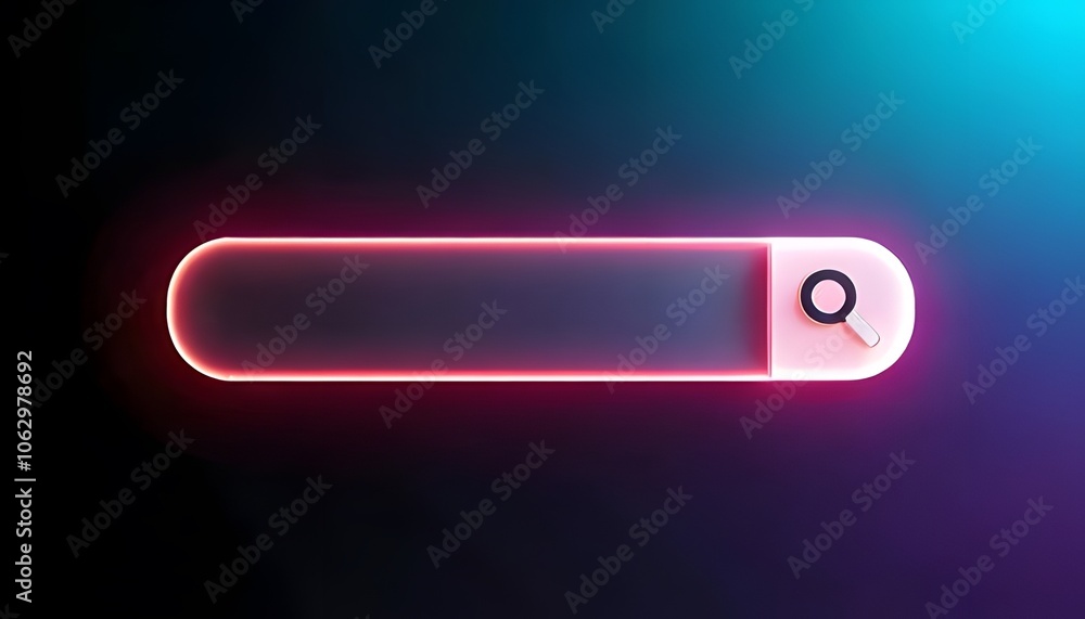 A sleek, modern search bar design illuminated with neon pink and blue colors against a dark background, suggesting digital technology and user interface. A sleek, modern search bar design illuminated with neon pink and blue colors against a dark background, suggesting digital technology and user interface.