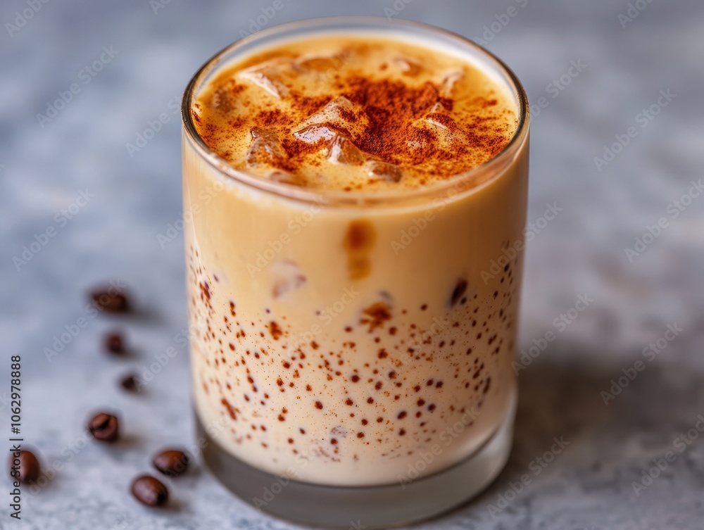 A vibrant plant-based iced latte made with oat milk, topped with a sprinkle of cinnamon, offering a smooth and creamy texture, perfect for those looking for a vegan-friendly coffee treat A vibrant plant-based iced latte made with oat milk, topped with a sprinkle of cinnamon, offering a smooth and creamy texture, perfect for those looking for a vegan-friendly coffee treat