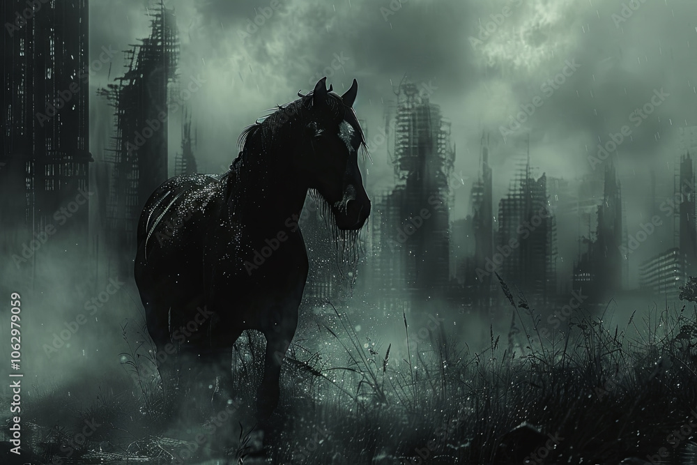 Obraz premium Majestic Black Horse Wanders Through Foggy, Post-Apocalyptic Landscape with Ruined Skyscrapers, Evoking a Sense of Mystery and Isolation