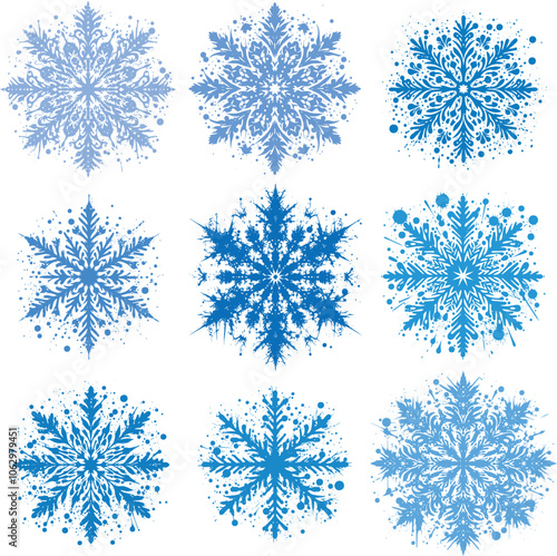 Snowflake with ink stains and drips for decoration vector stencil designs collection