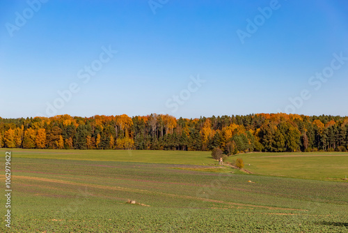An autumn landscape with fields and forests in Central Europe.