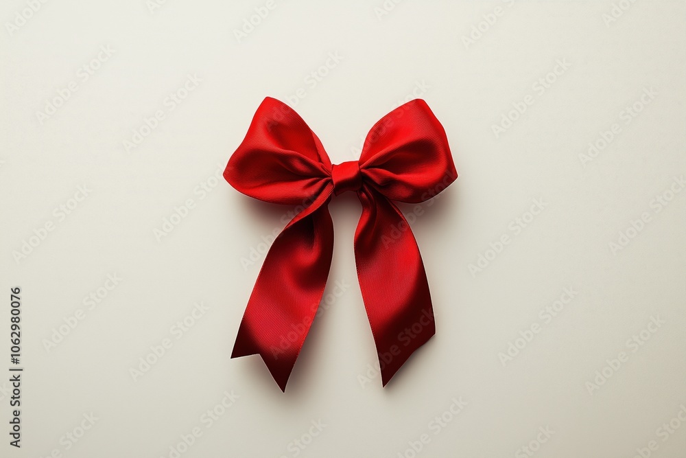 Single red bow on beige background, Christmas decoration Single red bow on beige background, Christmas decoration