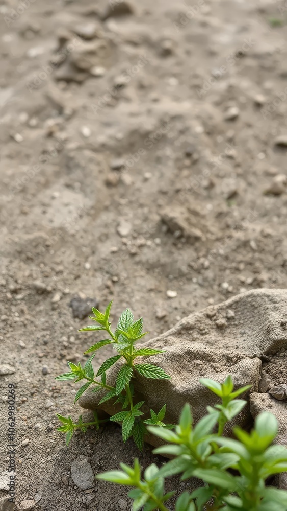 Small green plant growing in dry soil, symbolizing resilience and new beginnings Small green plant growing in dry soil, symbolizing resilience and new beginnings