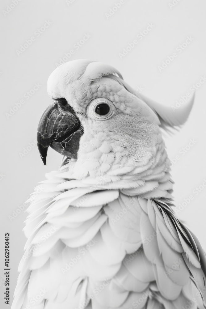 Majestic White Cockatoo Portrait: Detailed Close-up of Feathered Beauty Against Minimalist Background, Showcasing Unique Features and Expression. Majestic White Cockatoo Portrait: Detailed Close-up of Feathered Beauty Against Minimalist Background, Showcasing Unique Features and Expression.