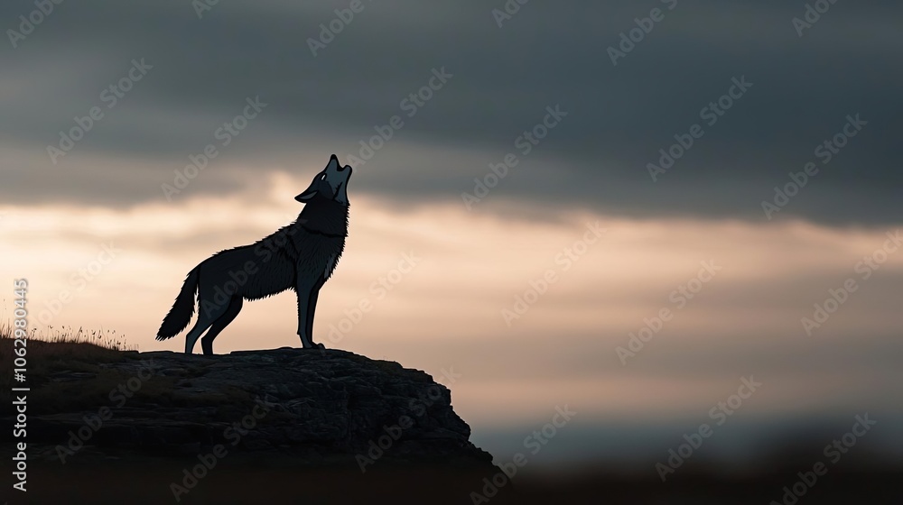 Wolf howling at dusk, silhouette against dramatic cloudy sky. Wolf howling at dusk, silhouette against dramatic cloudy sky.