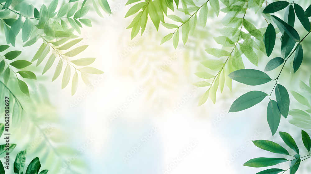 Lush green leaves gently sway in soft breeze, creating serene atmosphere Lush green leaves gently sway in soft breeze, creating serene atmosphere