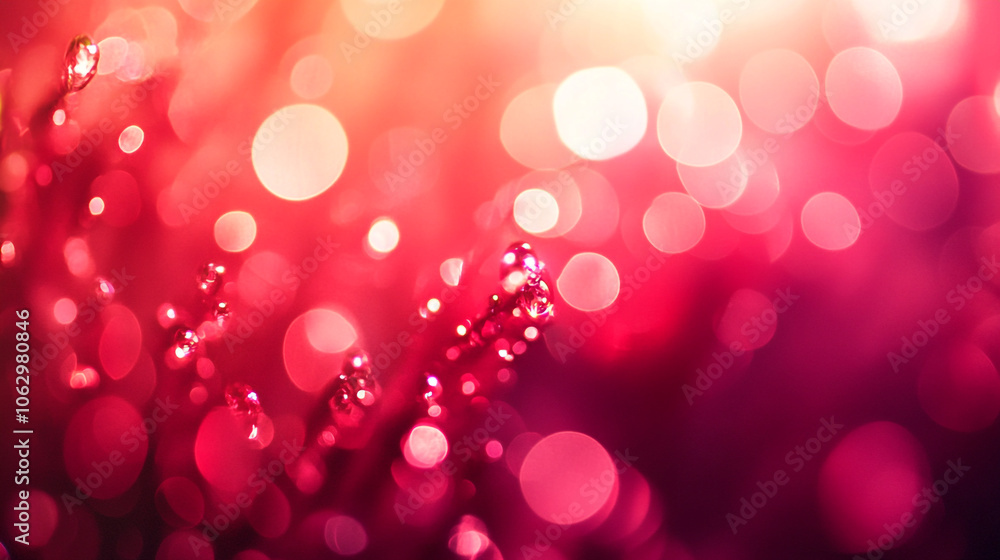 Abstract close-up of vibrant red and pink bokeh with droplets in natural light Abstract close-up of vibrant red and pink bokeh with droplets in natural light