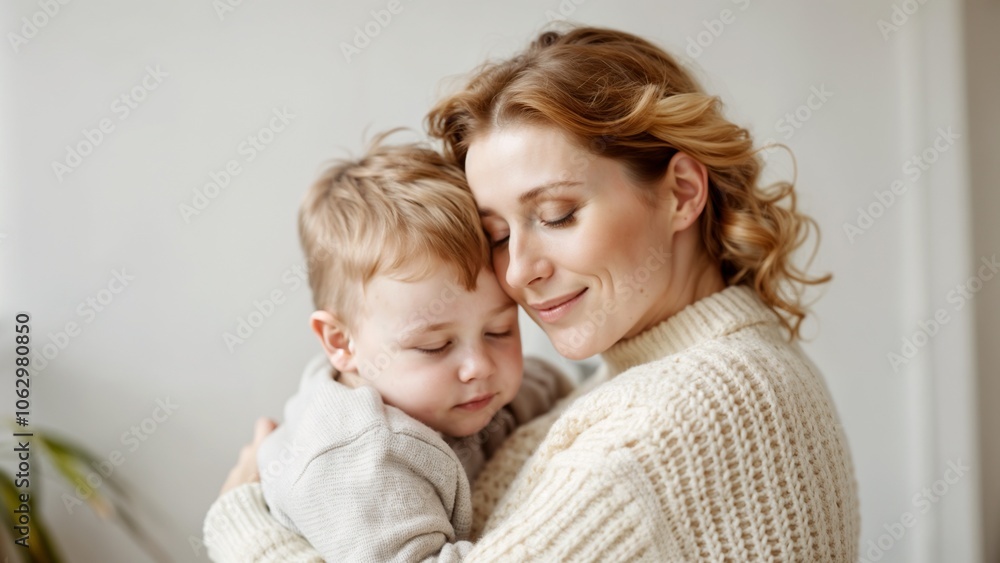 Woman with short blond hair hugging a boy in light clothing Woman with short blond hair hugging a boy in light clothing