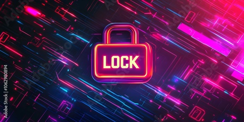 Wallpaper Mural A glowing neon padlock with the word 'LOCK' on a futuristic background. Torontodigital.ca