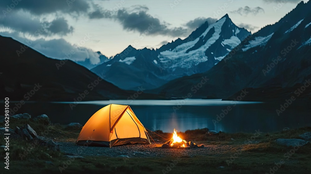 Camping tent illuminated by a fire under a starry mountain night sky. Camping tent illuminated by a fire under a starry mountain night sky.