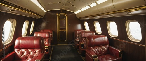 Vintage luxury airplane cabin gold accents and red leather seats photo