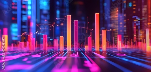 Colorful data visualization showcasing vibrant bar graphs against a futuristic digital backdrop  representing dynamic statistics.