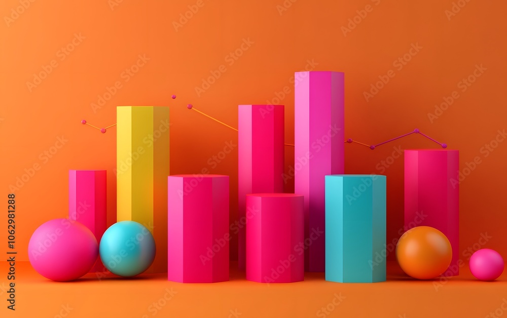 Colorful geometric shapes represent data visualization, adding vibrancy to graphs and statistics in design projects.
